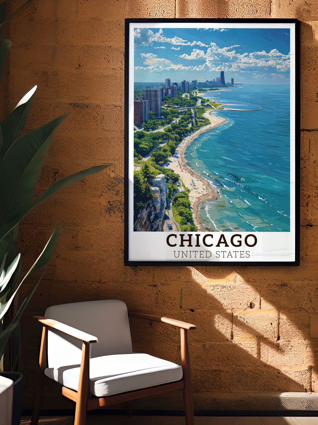 Beautiful Lake Michigan vintage print featuring the Chicago skyline ideal for those looking to enhance their home decor with unique and personalized gifts.