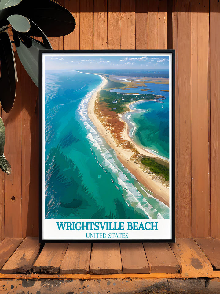 Wrightsville Beach and Masonboro Island are showcased in this stunning travel print. The vintage poster style and minimalist design make it a beautiful addition to any home seeking to capture the essence of North Carolinas serene coastal landscapes.