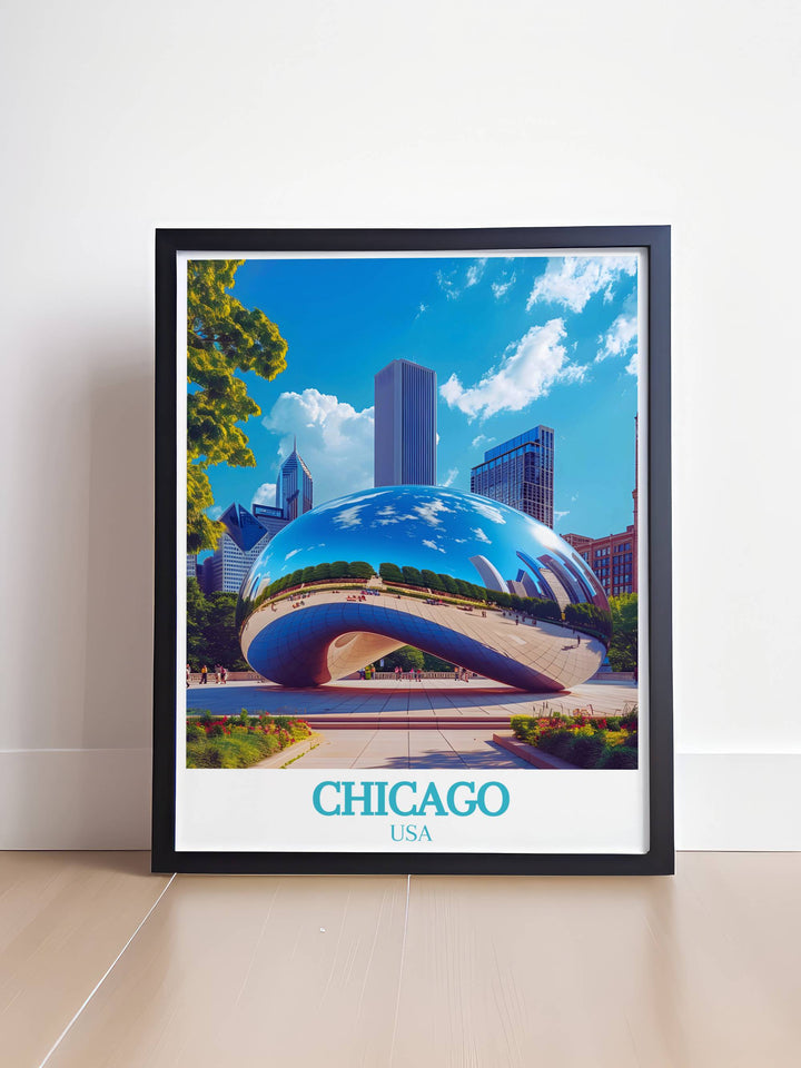 The Bean Cloud Gate travel poster showcasing the reflective beauty of Chicagos famous sculpture. This Chicago print adds a touch of urban elegance to any room making it ideal for home or office decor.