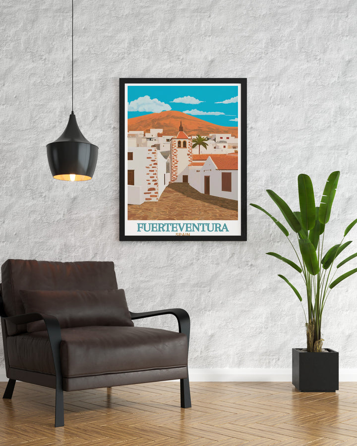 A Fuerteventura travel poster featuring the picturesque landscapes of Betancuria and the rugged beauty of the Canary Islands. This print is a wonderful addition to any space, ideal for those who cherish Spanish culture and travel themed decor.