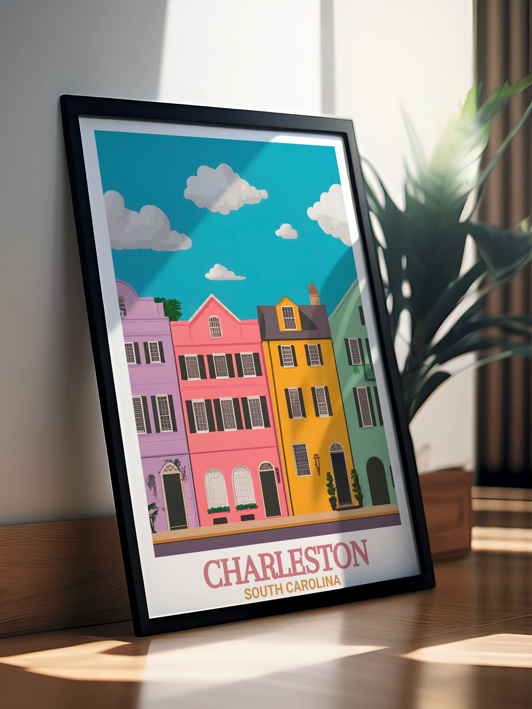 Rainbow Row Charleston painting in a travel poster print celebrating the citys iconic landmark and vibrant atmosphere ideal for adding a touch of Southern charm to any room or as a thoughtful gift