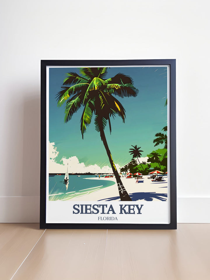 Exquisite Siesta Beach Crescent Beach art poster depicting the peaceful ambiance of Siesta Key ideal for enhancing your home with sophisticated Florida decor and perfect for travel gift ideas.