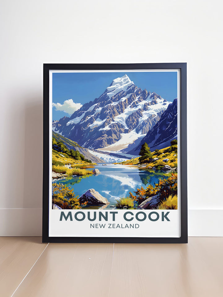 New Zealand gift idea featuring a stunning Hooker Valley Track poster this artwork is perfect for birthdays anniversaries or special occasions for those who love travel and nature offering a timeless addition to any collection of bucket list prints