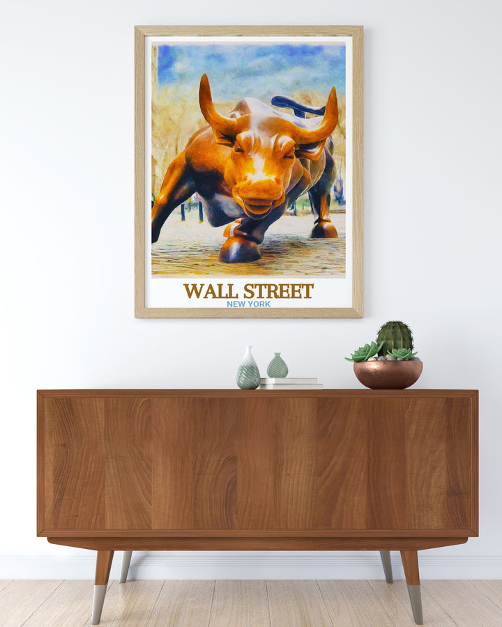 New York Framed Art brings together the best of New Yorks financial landmarks, including Wall Street and the Charging Bull. This framed piece is ideal for urban enthusiasts and those who find inspiration in the citys fast paced life.