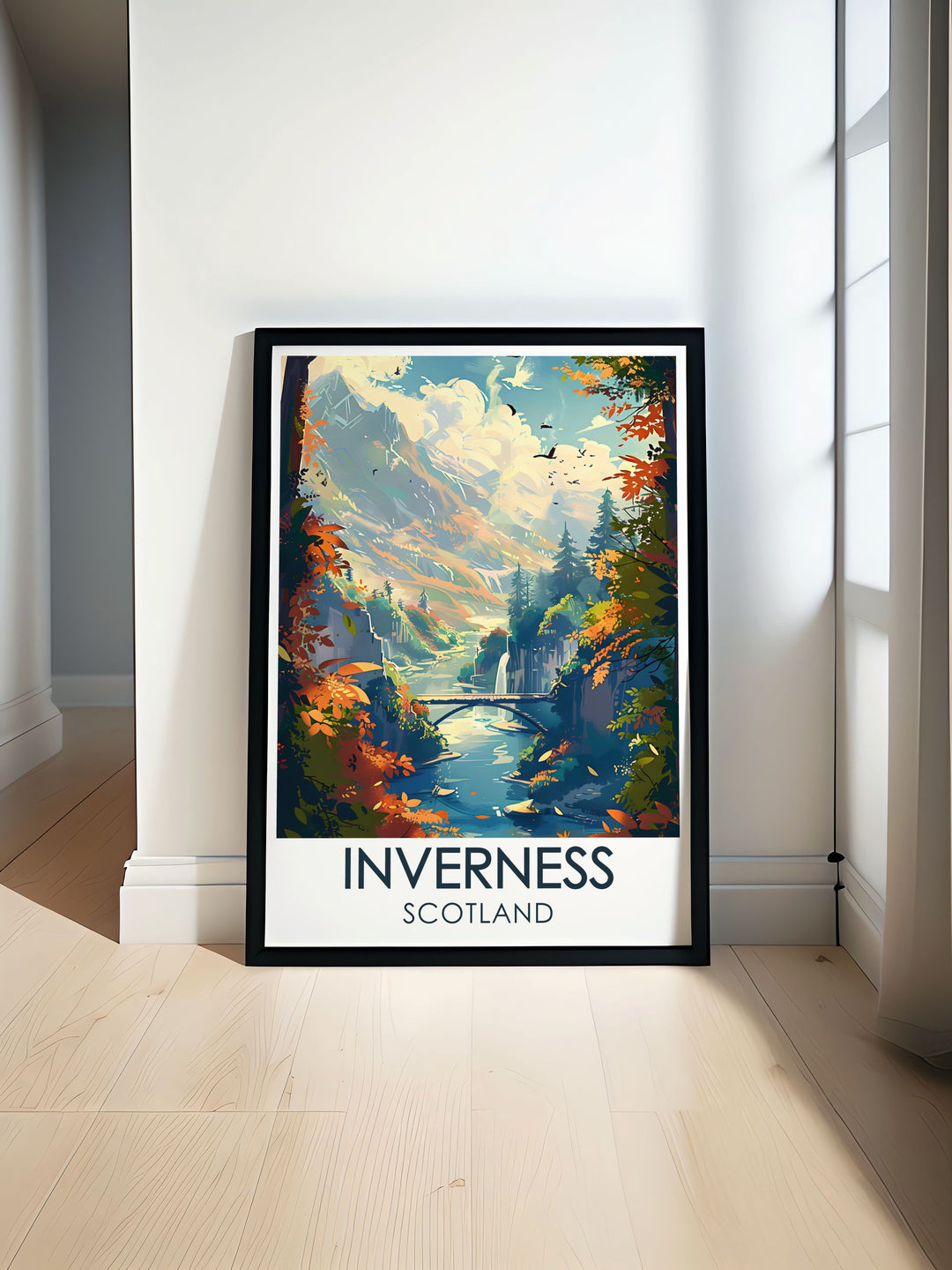 a framed poster of a river in scotland