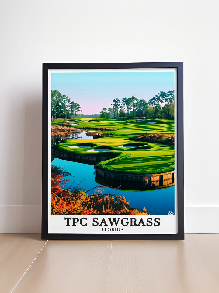 TPC Sawgrass Art Print highlights the dramatic beauty of the courses 17th hole, known for its unforgiving island green. The detailed rendering captures the tension and triumph associated with this legendary hole. Perfect for golf lovers, this print serves as a reminder of the sports most thrilling moments.