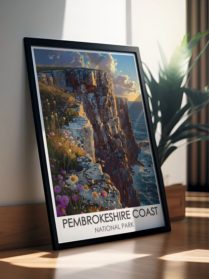 St. Davids Head framed print depicting the scenic beauty of the Welsh coastline with stunning cliffs and lush greenery perfect for enhancing your home decor and making a statement in any room with its timeless elegance and charm