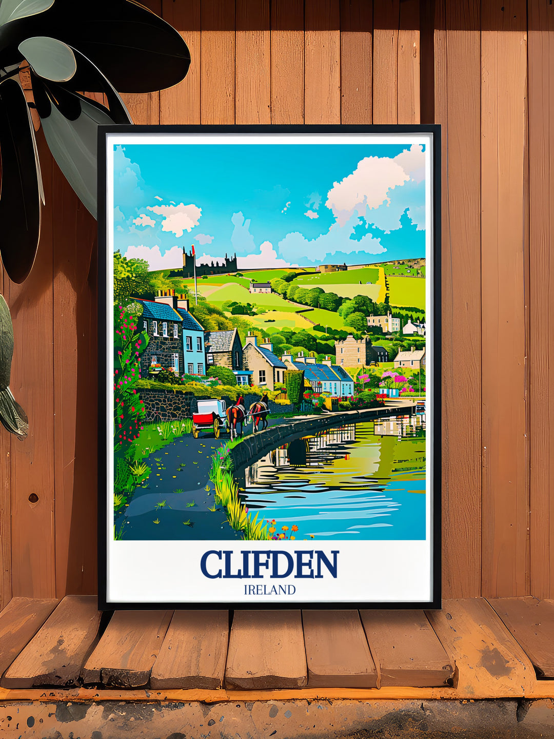 Travel print of Clifden, Ireland, highlighting Clifden Castle and the serene Owenglin River. This artwork is perfect for anyone who loves Irish landscapes and historic sites.