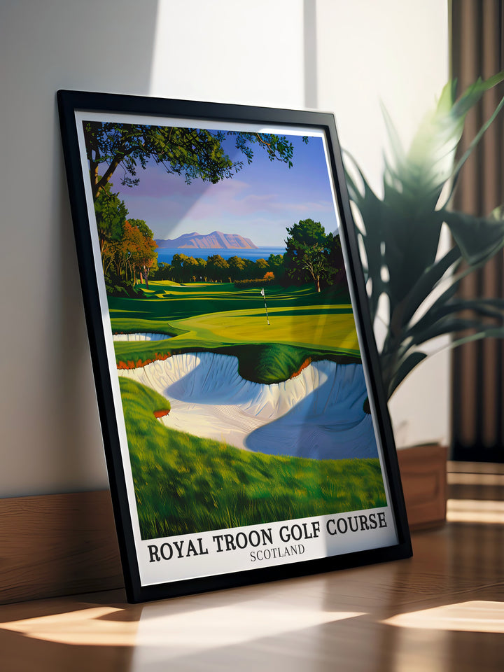 Stunning golf course print of Royal Troon including the iconic Postage Stamp hole and Isle of Arran perfect for adding a touch of the Scottish Highlands to any room this golf artwork celebrates the legacy of famous golf courses like Royal Dornoch and Augusta National.