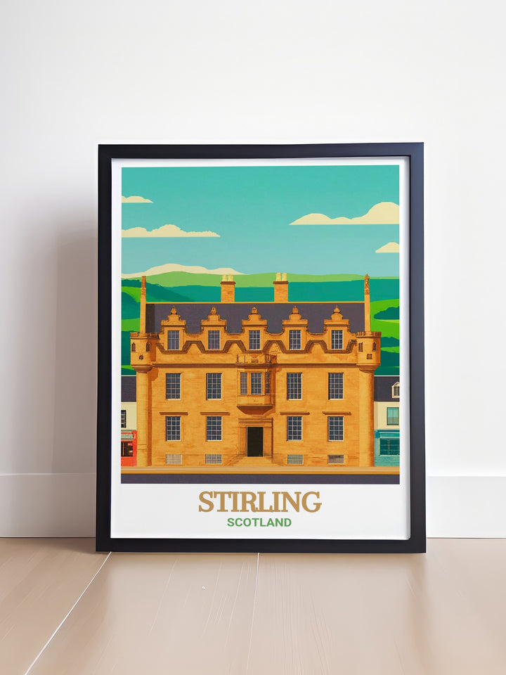 This canvas print of Argylls Lodging in Stirling, Scotland, showcases its elegant Renaissance design. The artwork is a wonderful travel gift for those who love architecture and Scottish history, bringing the beauty of Scotland to any room.