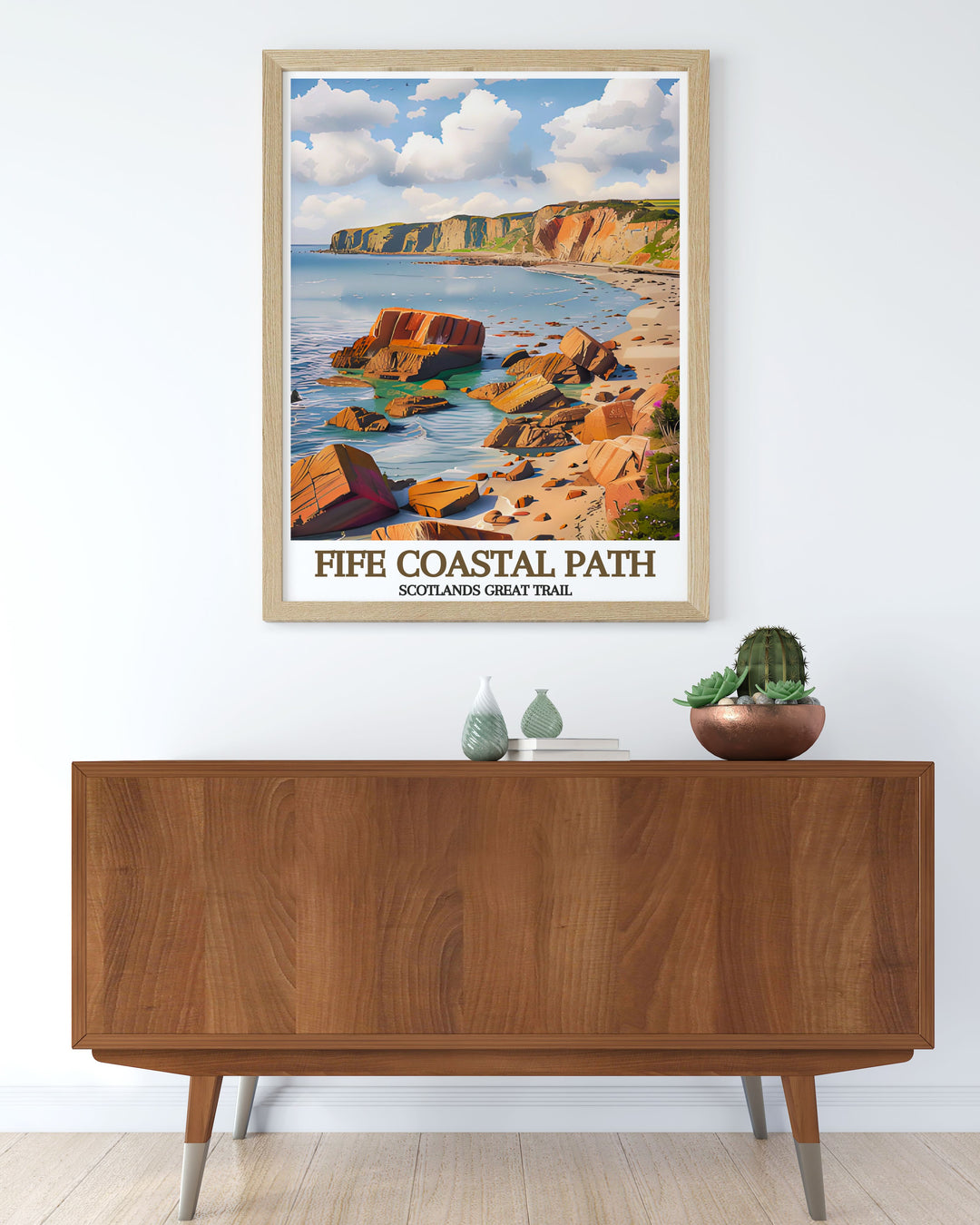 The breathtaking scenery of Kincraig Point and the lush landscapes of the Fife Coastal Path are beautifully illustrated in this poster, celebrating the natural beauty and tranquility of Scotland.