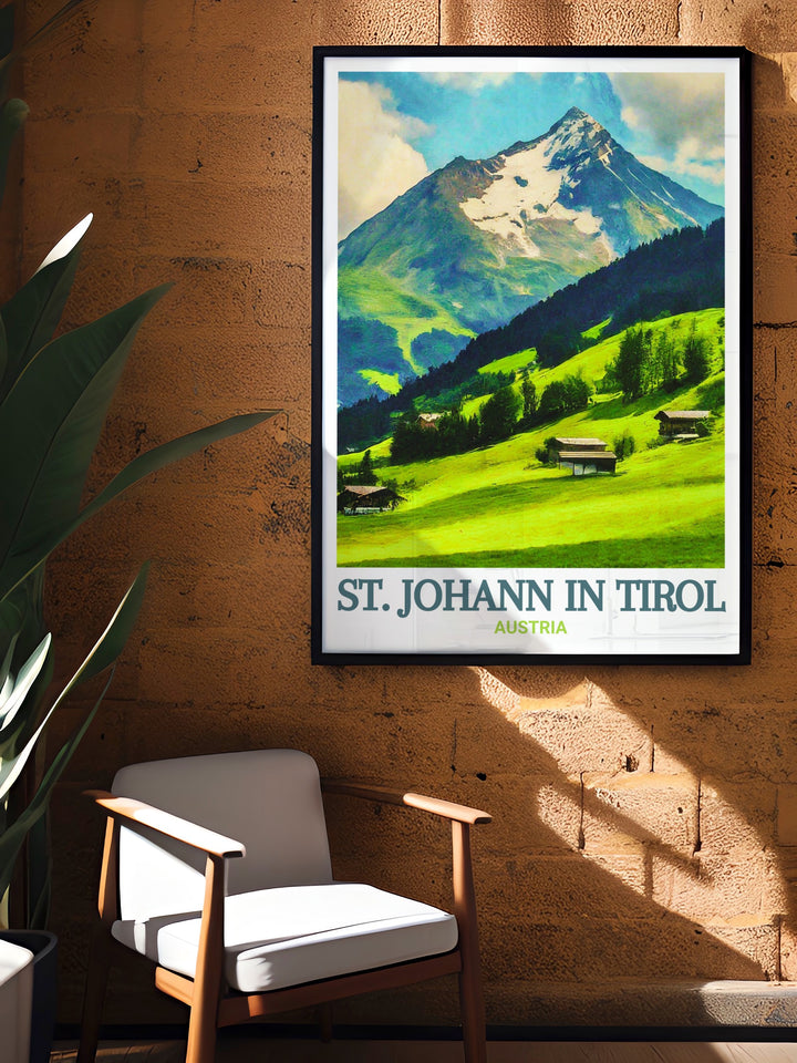 This Austria travel poster features the serene town of St. Johann in Tirol, set against the dramatic backdrop of Kitzbüheler Horn. Its detailed illustration of Austrias natural beauty makes it a standout wall art piece for any home.