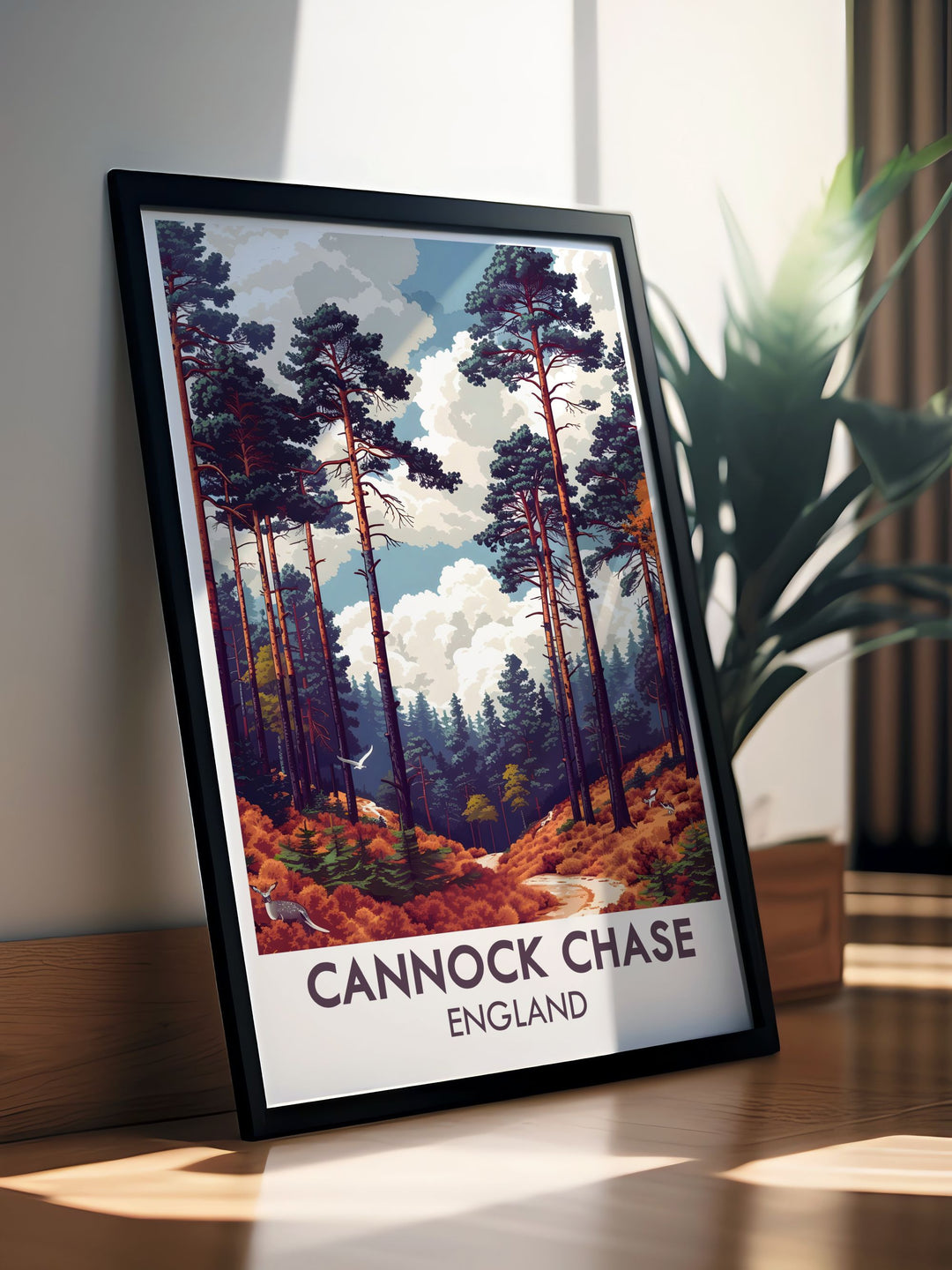 The Chase travel poster showcases the enchanting landscapes of Cannock Chase. This artwork captures the essence of British nature, featuring vibrant greenery and rich biodiversity. Ideal for adding a touch of natural beauty to any room.