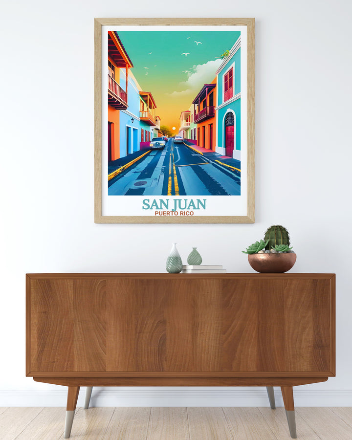 Add a piece of Puerto Rican history to your home with this Old San Juan wall art. Featuring the vibrant streets of this iconic Caribbean destination this modern art print is perfect for gifts for mom dad or anyone who loves tropical decor.