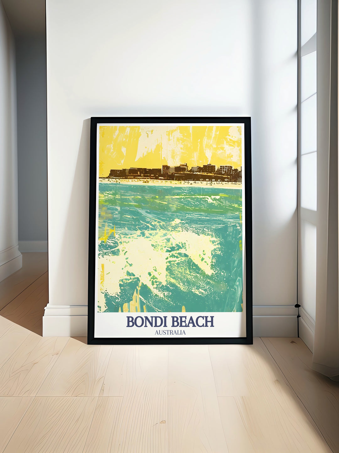 Vintage poster of Sydney Harbour featuring the iconic Sydney Opera House and Harbour Bridge with vibrant colors. Bondi, South Bondi Beach prints showcase the lively atmosphere and natural beauty, perfect for adding a touch of Australia art to your home decor.