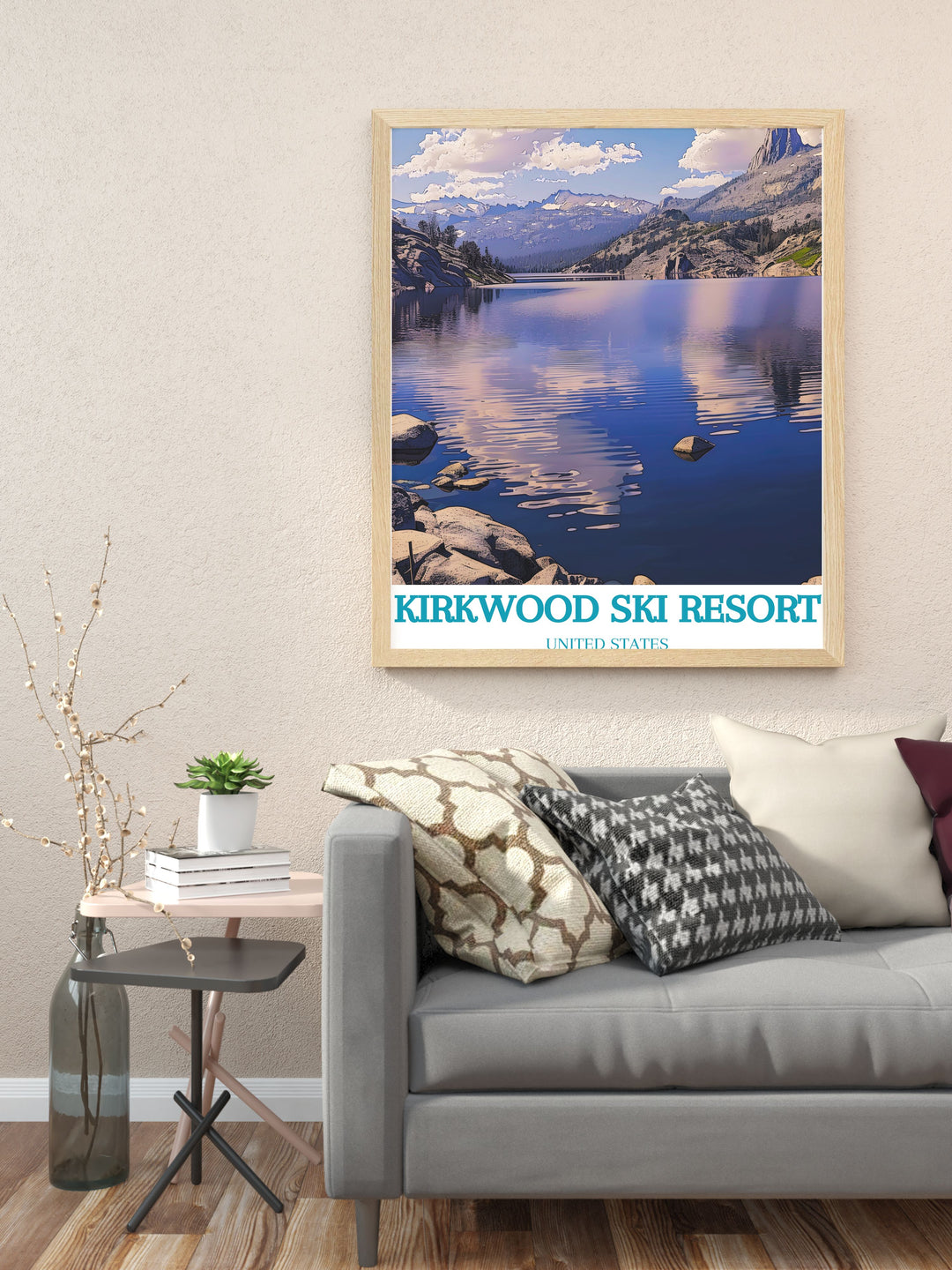 Elegant home decor art depicting Caples Lake with its pristine waters and lush green landscape. The piece highlights the tranquil beauty of the lake, providing a peaceful and refreshing ambiance to any living space or office.