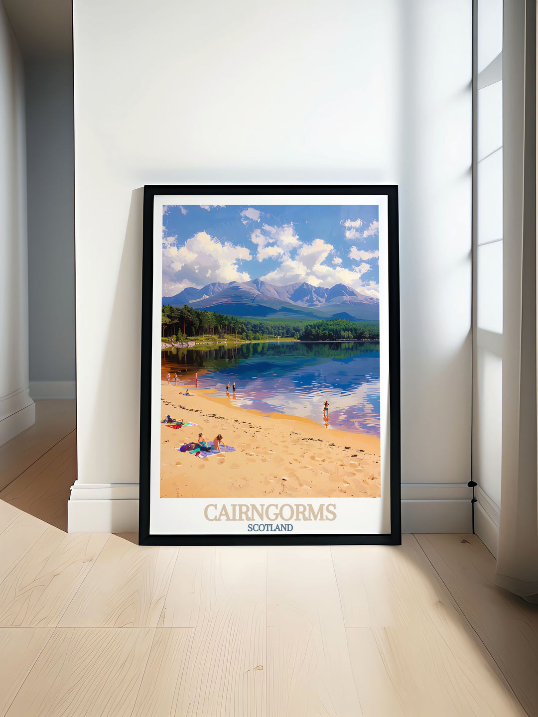 Scotland, Loch Morlich travel poster showcasing the breathtaking beauty of the Cairngorms. Perfect for home or office decor. This wall art captures the serene landscapes and majestic highlands, adding a touch of Scotlands natural charm to any space.