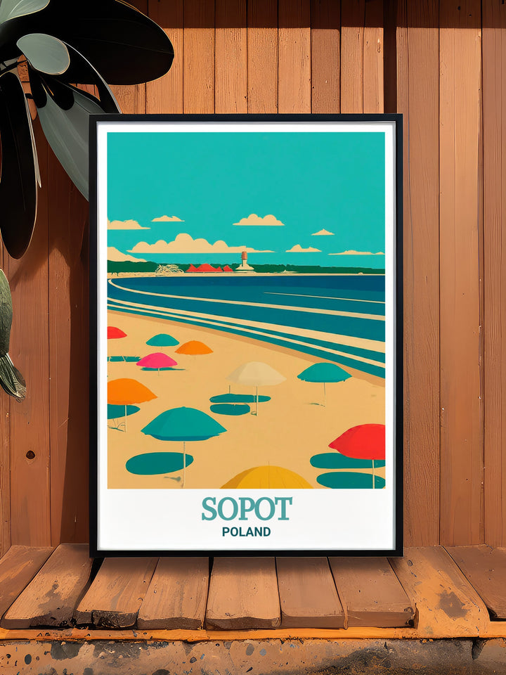 A charming art print of Sopot Beach, Poland, capturing the peacefulness of its golden sands and the iconic pier, making it a perfect gift for beach lovers.