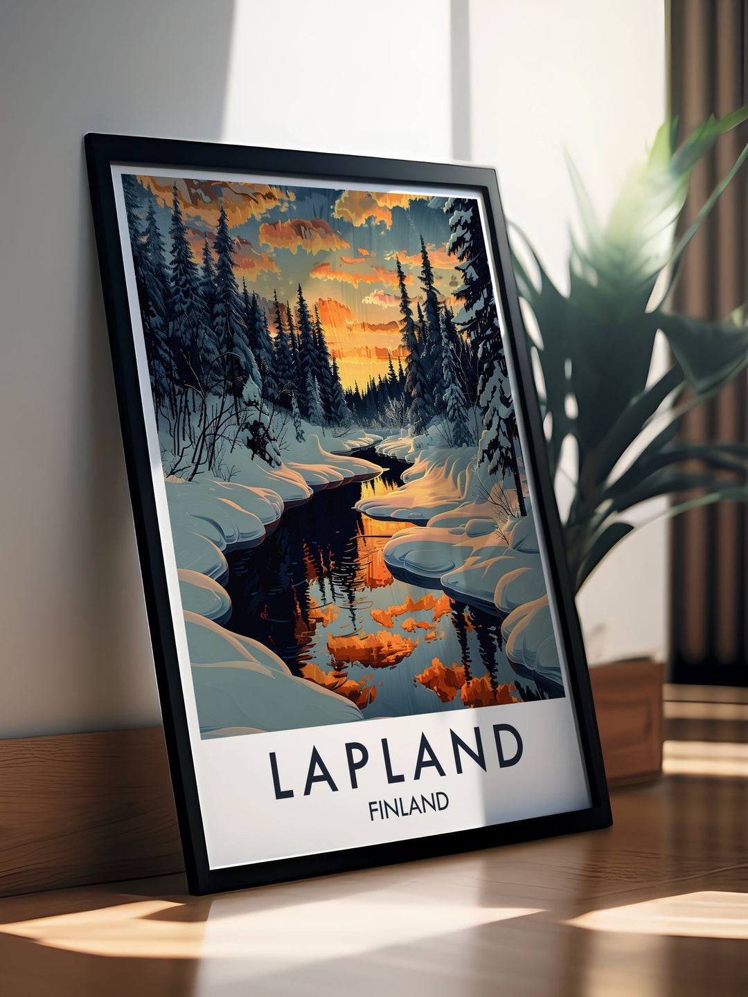 Stunning Lapland Poster depicting the Arctic Wilderness with snow covered forests and the Northern Lights creating a captivating focal point for your wall art collection or as a unique travel gift for friends and family.