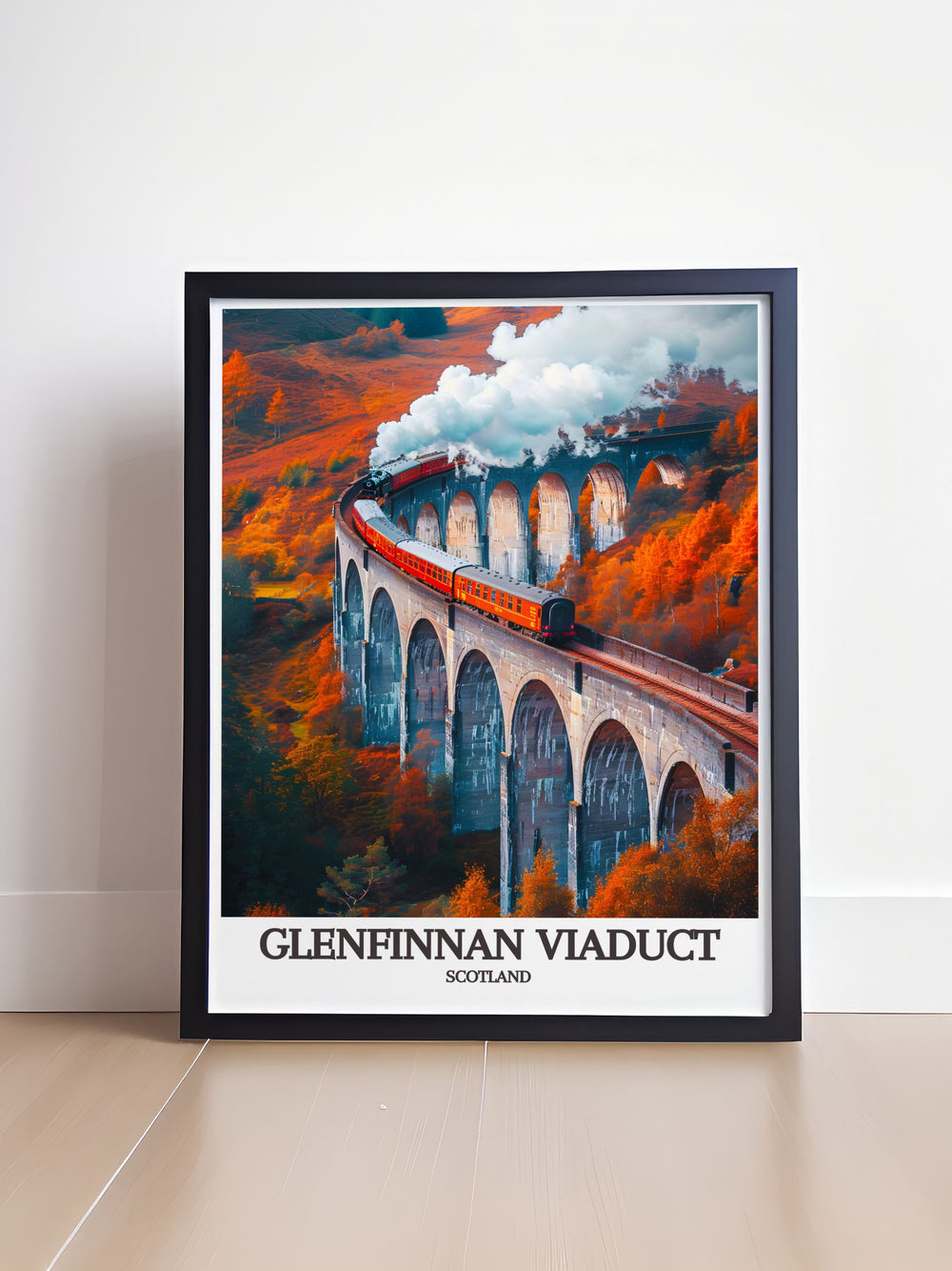 Framed art print of the Glenfinnan Viaduct, showcasing the timeless beauty of its Victorian engineering amidst the scenic Scottish Highlands, an ideal piece for lovers of historical landmarks.