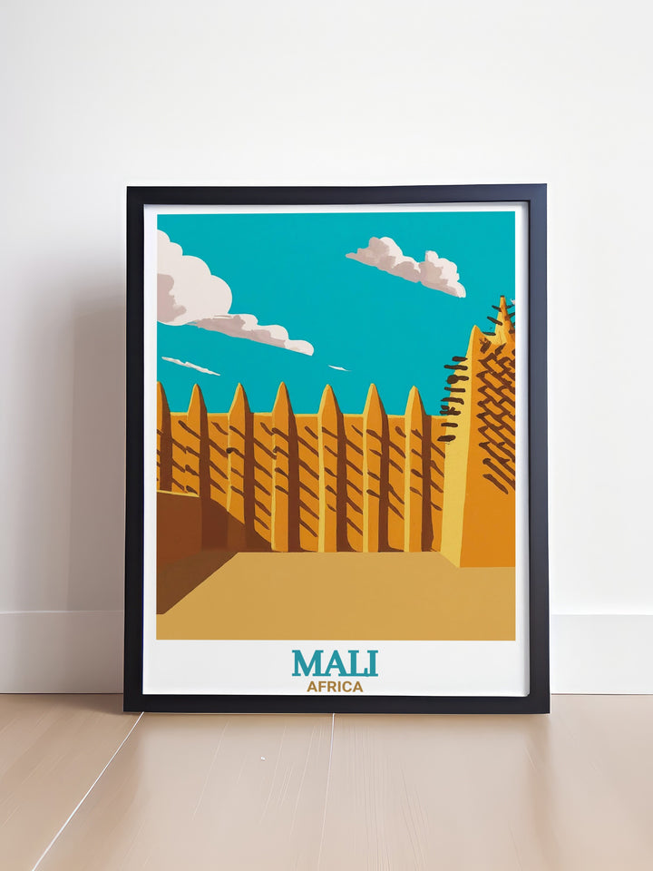 Stunning poster print of the Djenné Mosque in Mali, the largest mud brick structure in the world, set against the backdrop of West Africa. This travel poster captures the architectural beauty and cultural significance of one of Africas most iconic landmarks.