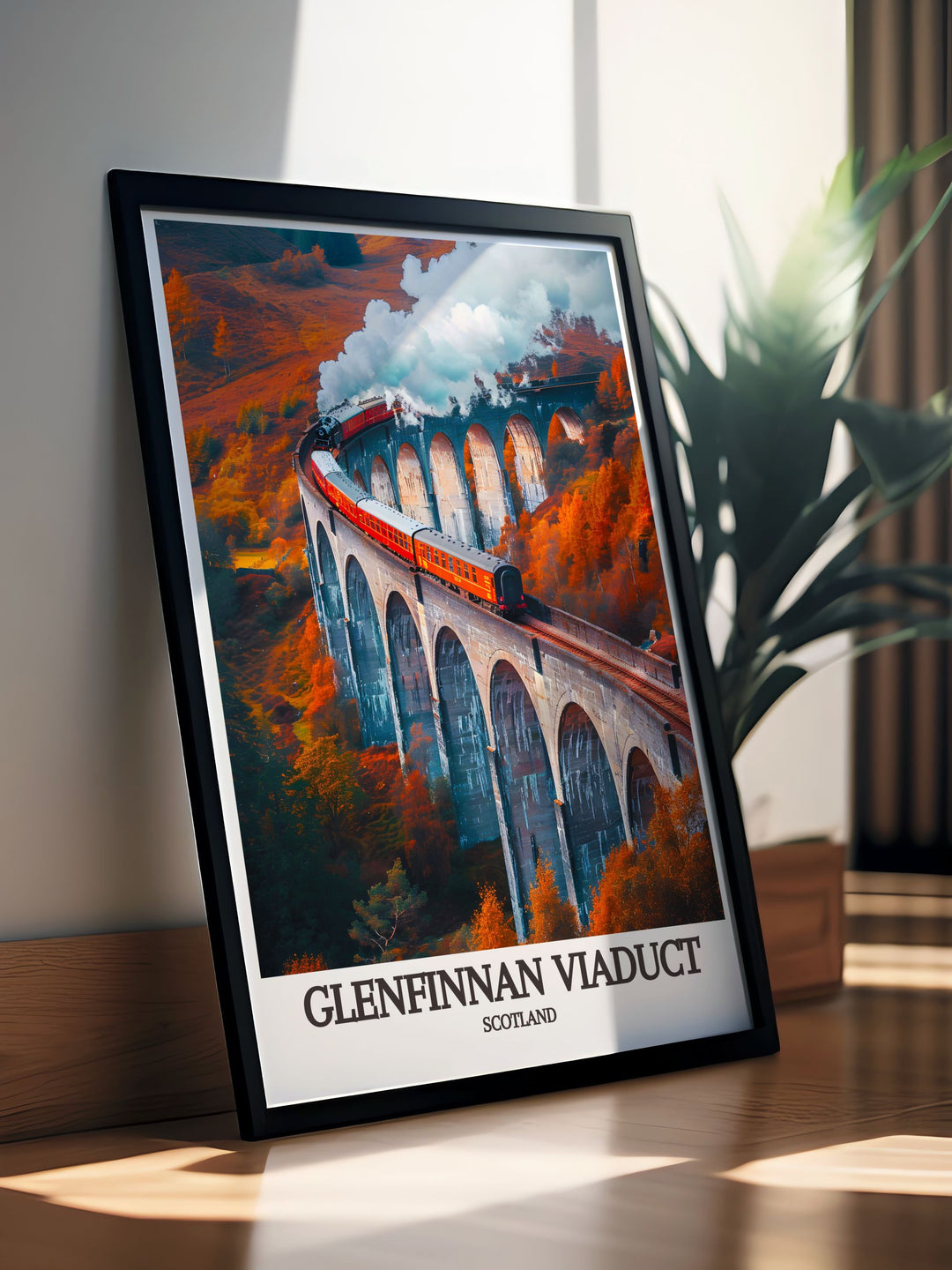 Canvas art featuring the Glenfinnan Viaduct, highlighting the picturesque landscape and historical significance of this Scottish landmark, a great addition for fans of railway history.