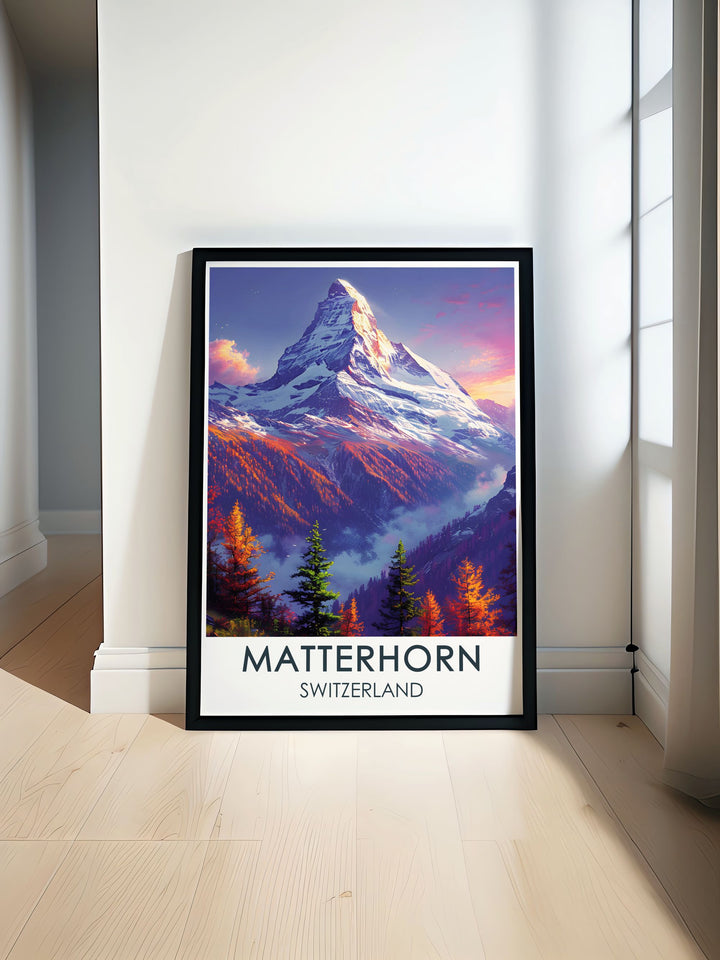 Grindelwald Poster showcasing the majestic Eiger Mountain with vibrant colors and intricate details perfect for home decor along with Matterhorn modern prints creating a stunning living room decoration