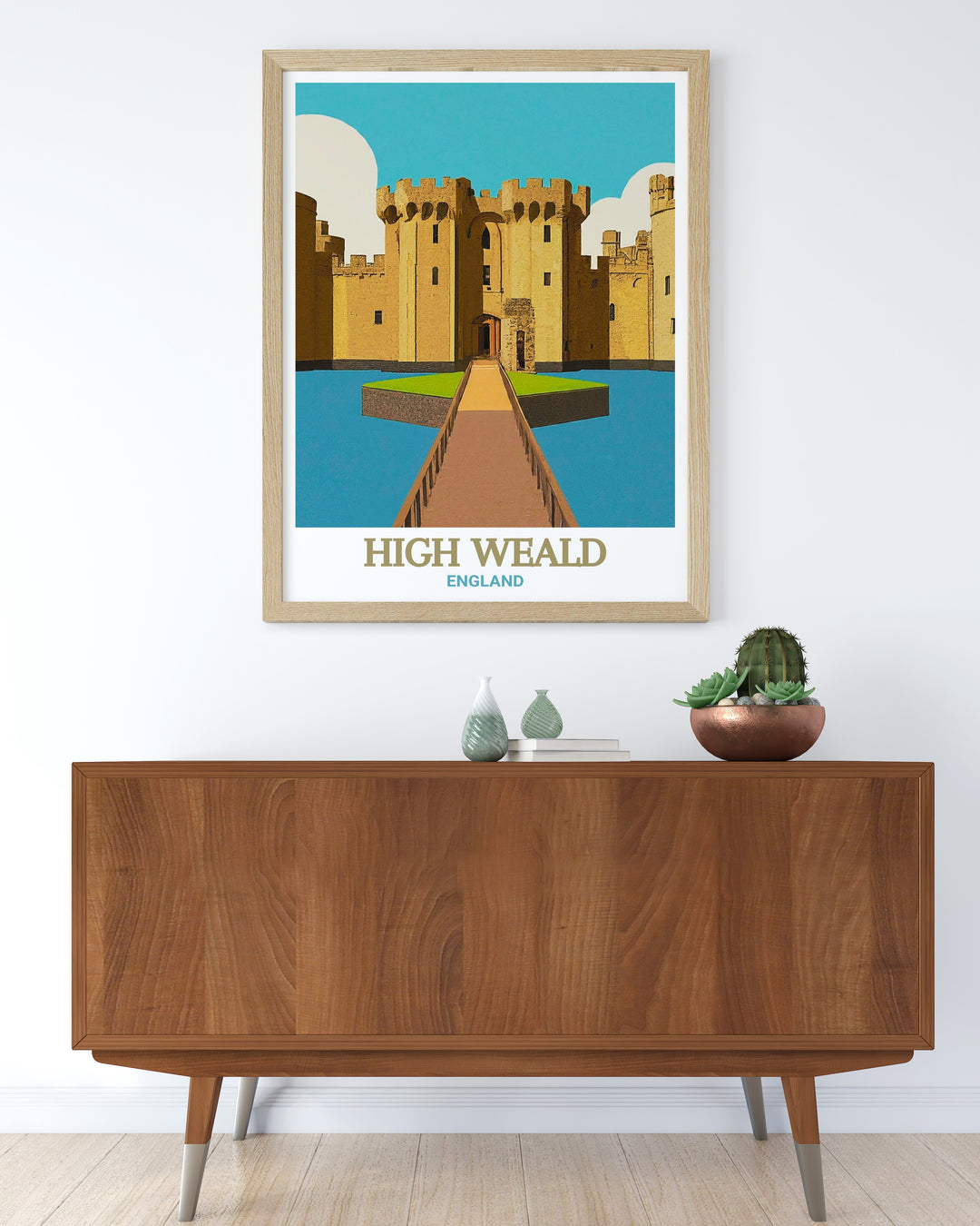 High Weald AONB and Bodiam Castle digital print featuring the lush greenery and historic architecture of the British countryside perfect for adding elegance to your living room decor or as part of a collection of national park and travel posters.