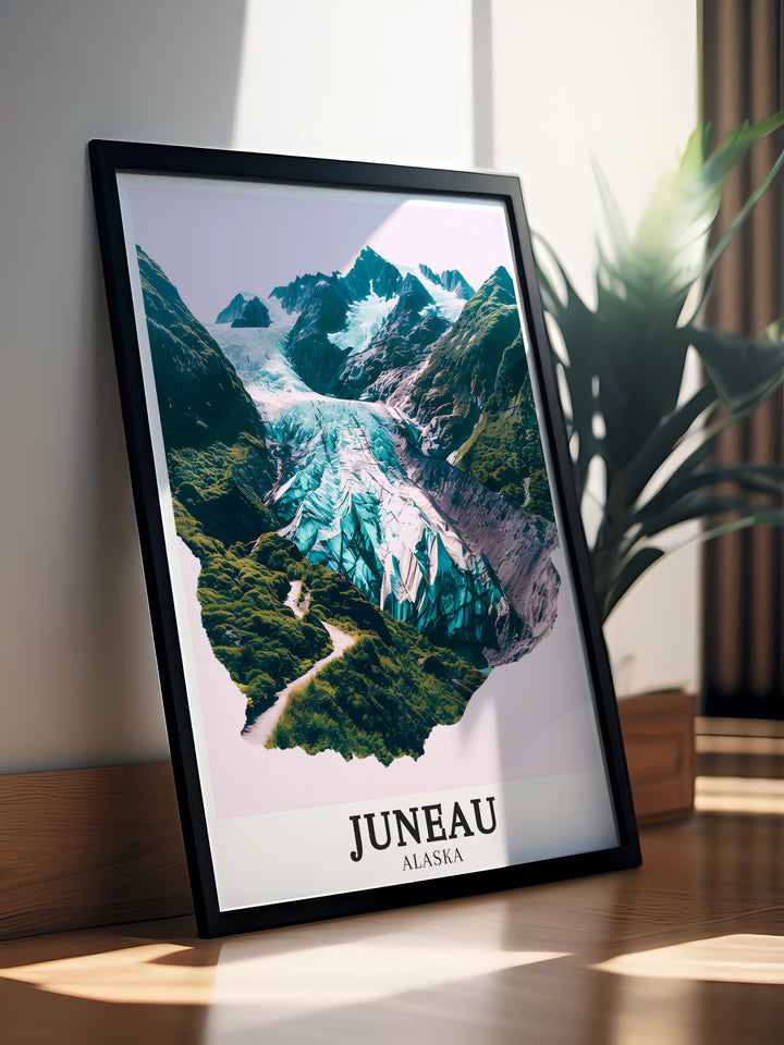 Juneau wall art featuring the breathtaking Mendenhall Glacier and its surrounding valley. This print captures the raw, untamed beauty of Alaskas landscapes, making it a meaningful addition to any home for those with a passion for the great outdoors.