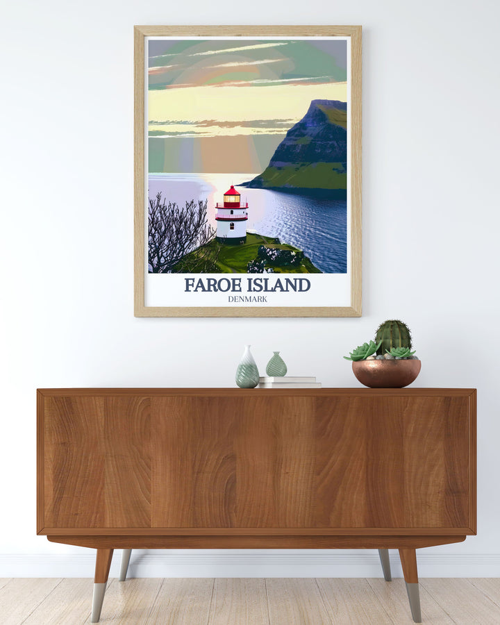 Atlantic Ocean Kallur Lighthouse on the rugged coast of Faroe Island is the focal point of this modern art print. A captivating gift idea for anyone who loves unique travel art or wants to bring a piece of Faroe Island decor into their home.