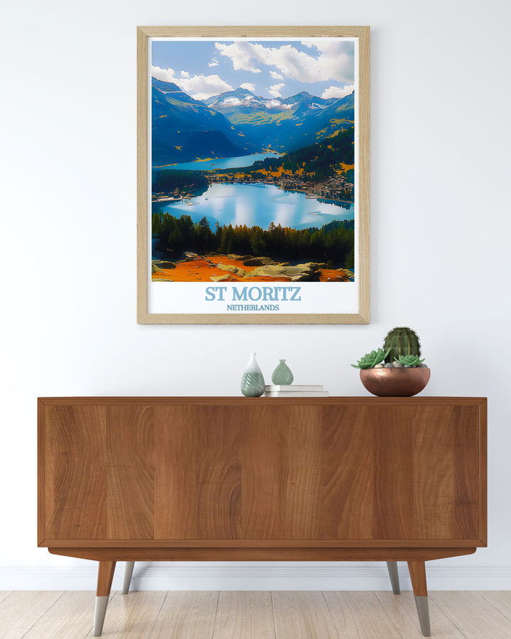 Experience the thrill of alpine adventures and the serene landscapes of the Engadin Valley with this travel poster, perfect for nature lovers and winter sports enthusiasts.