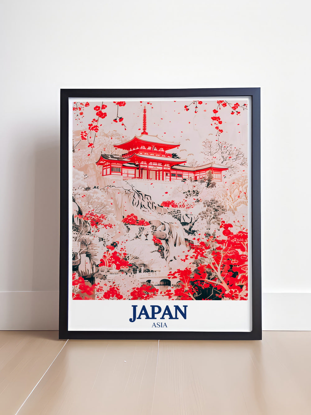 Kiyomizu dera Temple wall print showing the majestic temple set against a backdrop of forested hills. This travel poster celebrates the architectural wonder of Kiyomizu dera, making it an ideal gift for lovers of Japanese history and culture.