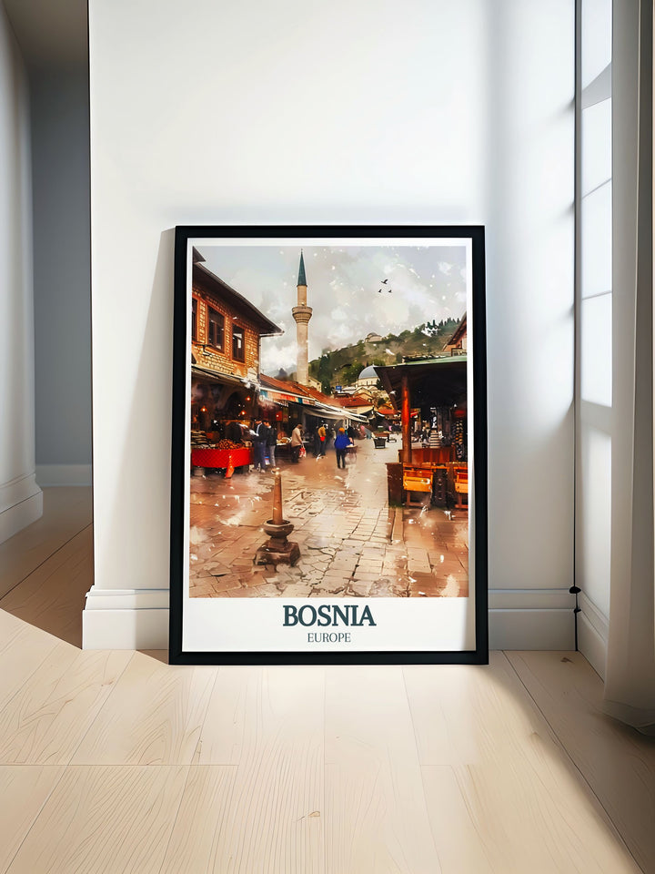 Bascarsija, the Old Bazaar, Gazi Husrev beg Mosque in Bosnia captured in a stunning travel poster print. This Bosnia wall art showcases the vibrant atmosphere and rich history of Sarajevo making it a perfect addition to any art collection or home decor.