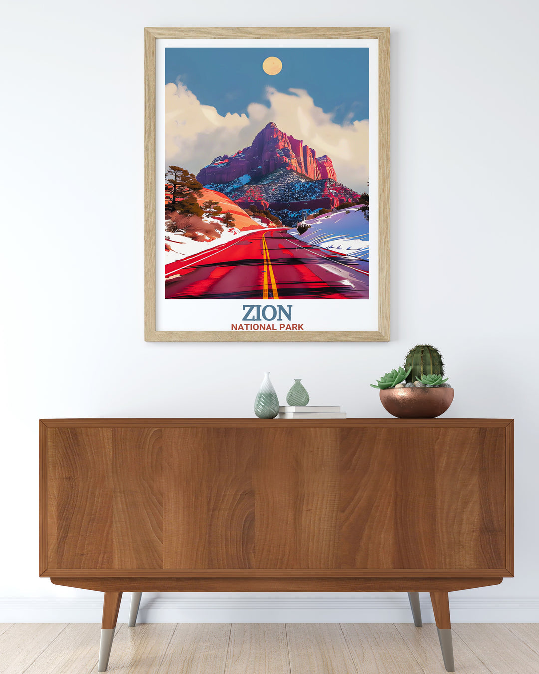 Zion Canyon Scenic Drive wall art with vibrant colors and intricate details of Zion National Park. Ideal for enhancing living spaces and as a special gift for outdoor adventurers.