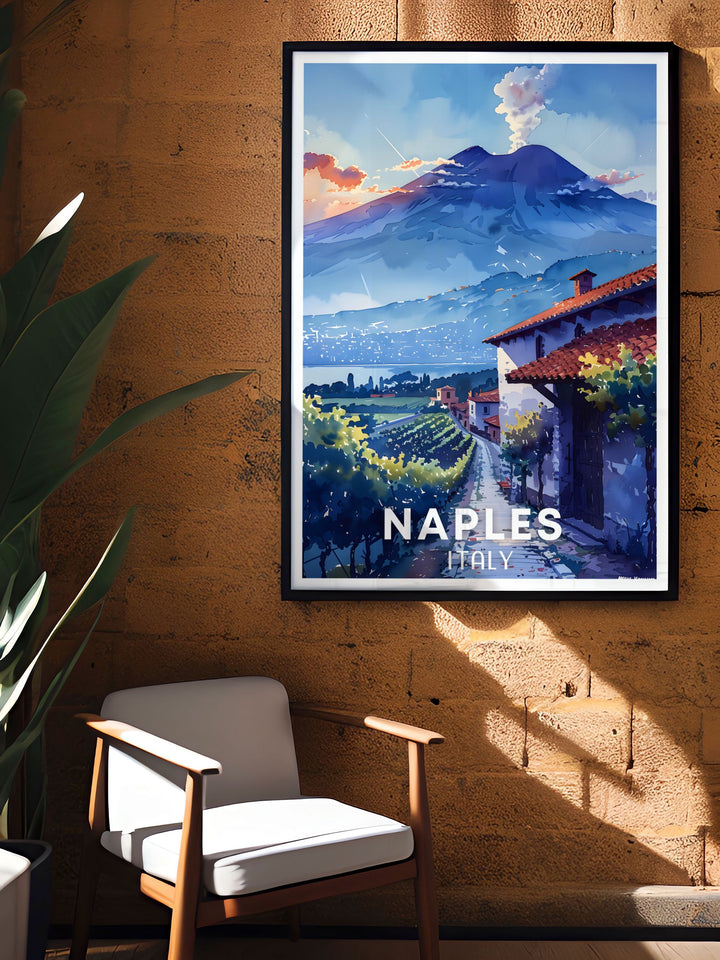 NAPLES Affiche highlighting the picturesque views of Naples Italy with Mount Vesuvius standing tall in the background. An excellent choice for travel art collectors and home decor enthusiasts.