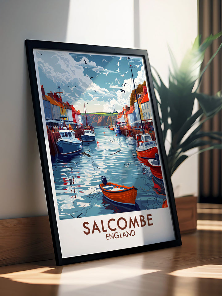 This framed print of Salcombe Harbor showcases the stunning landscapes of Devon adding a touch of elegance to your living room decor