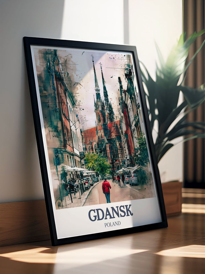 Matted Mariacka Street, St. Marys Church Artwork in a minimalist black and white design. Perfect for framing and display, this print captures the rich history of Gdansk, making it an excellent travel gift and addition to any home decor.
