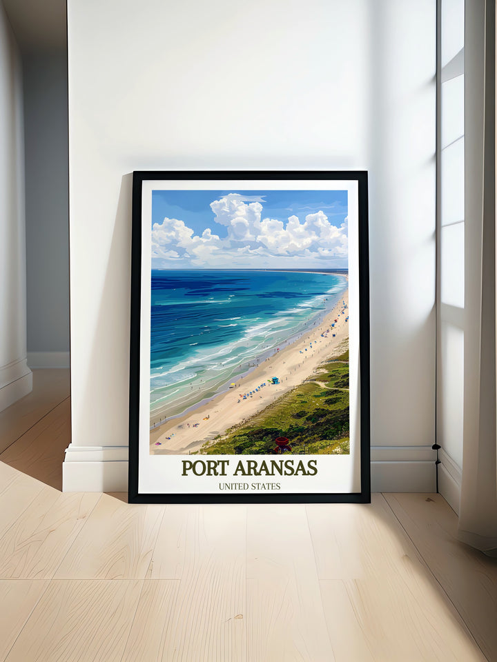 Celebrate the charm of Port Aransas with this vibrant art print. The piece captures the towns laid back vibe and stunning coastal views, making it an ideal addition to your Texas themed decor.