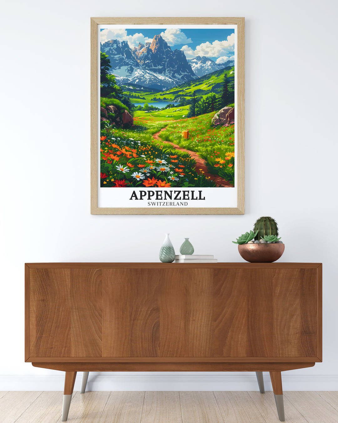 Appenzell wall poster featuring the charming village and the breathtaking landscapes of the Alpstein mountains and Seealpsee Lake. This travel art offers a beautiful depiction of Swiss countryside life.