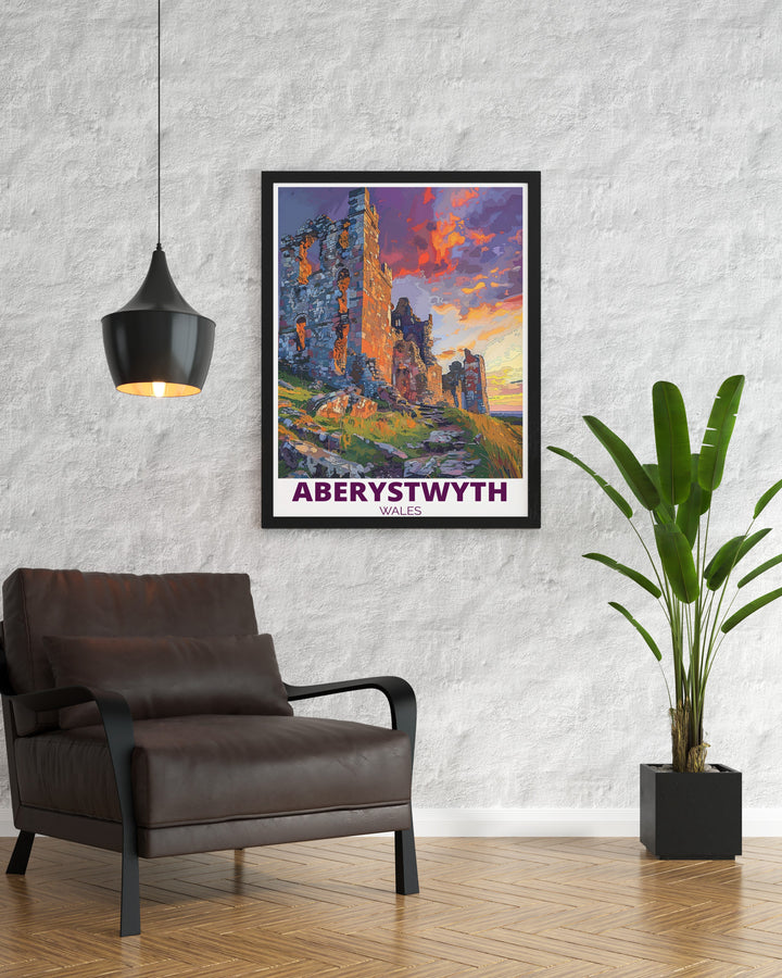 This Aberystwyth poster print beautifully captures the stunning Welsh coastal town, featuring Aberystwyth Castle and the surrounding landscape. With vibrant colors and intricate detail, this artwork is perfect for adding a touch of Wales historical and natural beauty to your home décor.