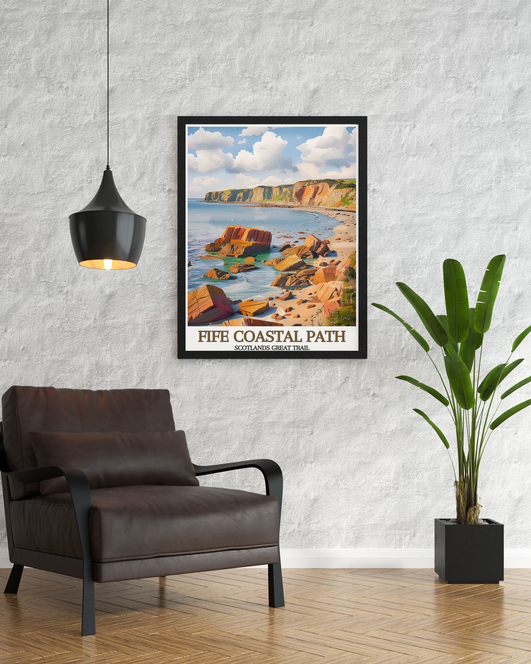 The natural beauty and dramatic landscapes of Scotland are celebrated in this poster, featuring the iconic Fife Coastal Path and inviting you to explore its breathtaking views.