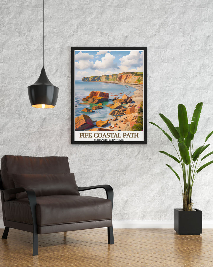 The natural beauty and dramatic landscapes of Scotland are celebrated in this poster, featuring the iconic Fife Coastal Path and inviting you to explore its breathtaking views.