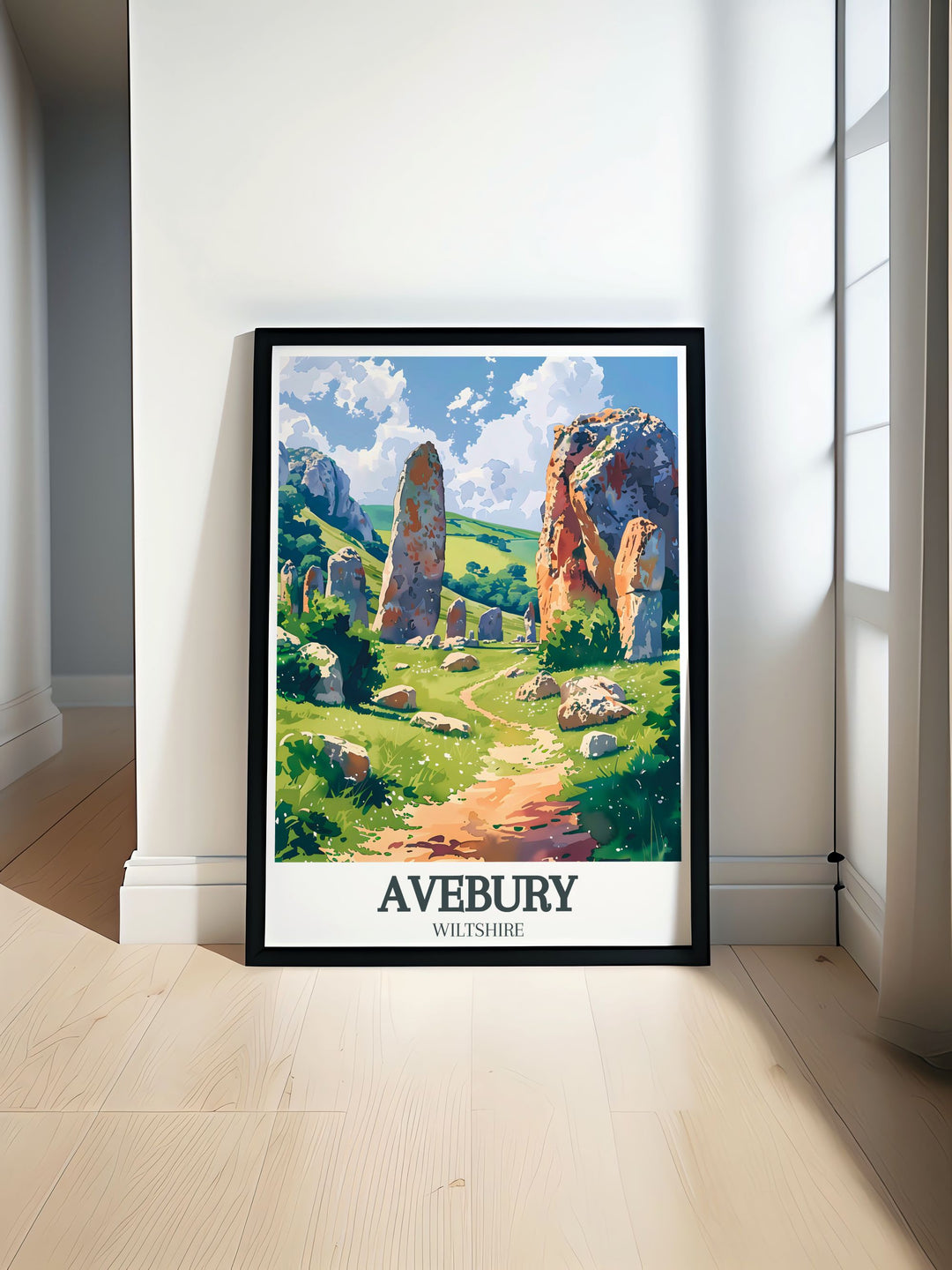 This vibrant travel poster showcases the untouched beauty of the North Wessex Downs, highlighting its diverse landscapes and rich history, perfect for adding a touch of the UKs natural wonder to your walls.