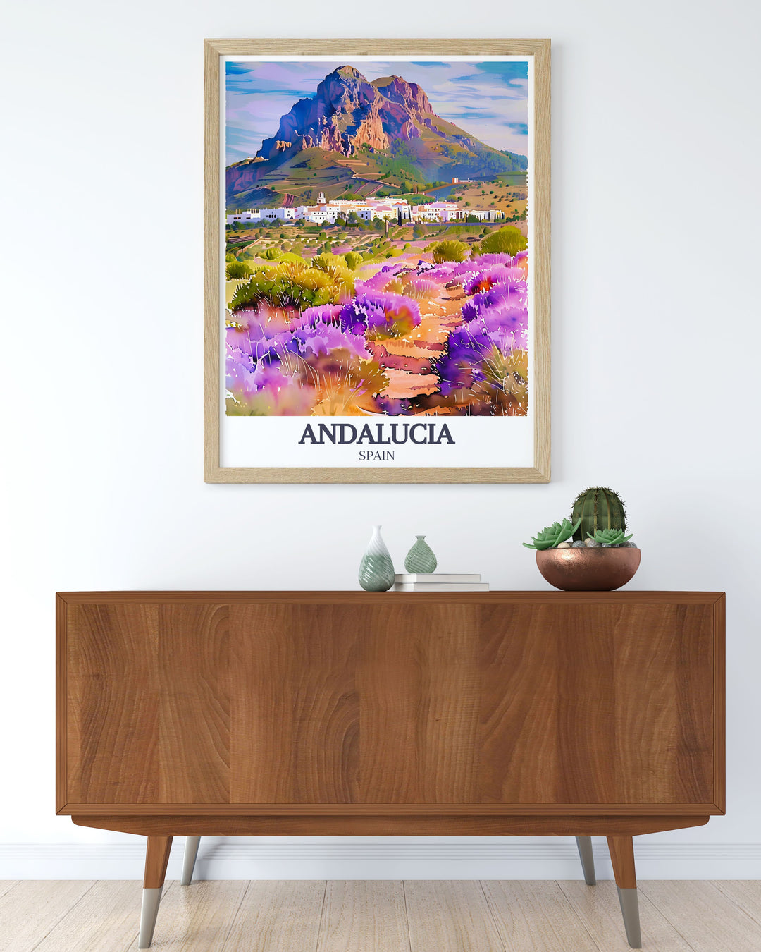 The travel poster highlights Zahara de la Sierra and the rolling Andalucia hills, capturing their serene landscapes and historical charm. Ideal for nature lovers and travel enthusiasts.