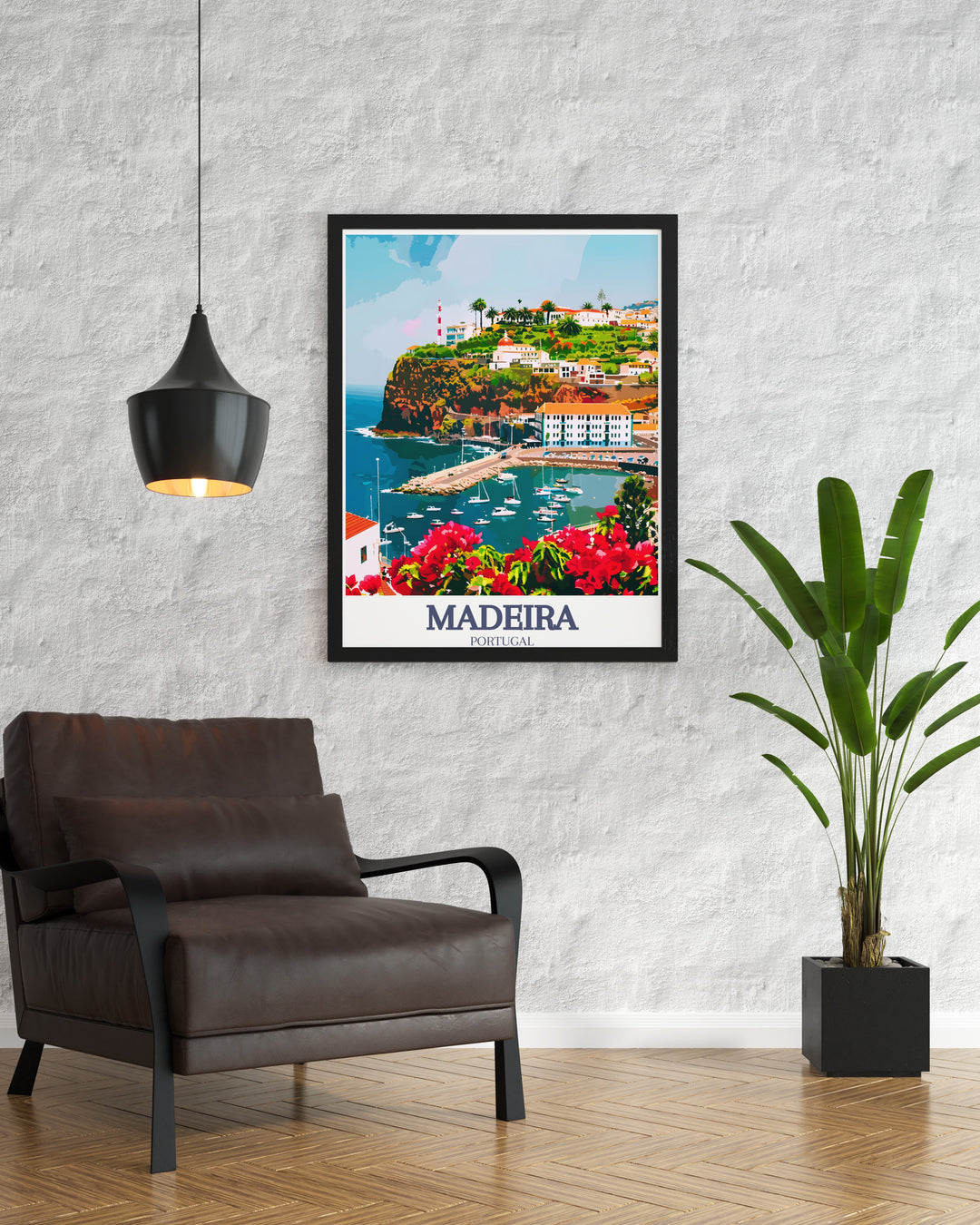 Bring the beauty of Portugal into your home with this Madeira Island travel print. Featuring the islands lush landscapes and the picturesque Funchal Marina, this wall art is perfect for adding a touch of coastal charm and elegance to any room.