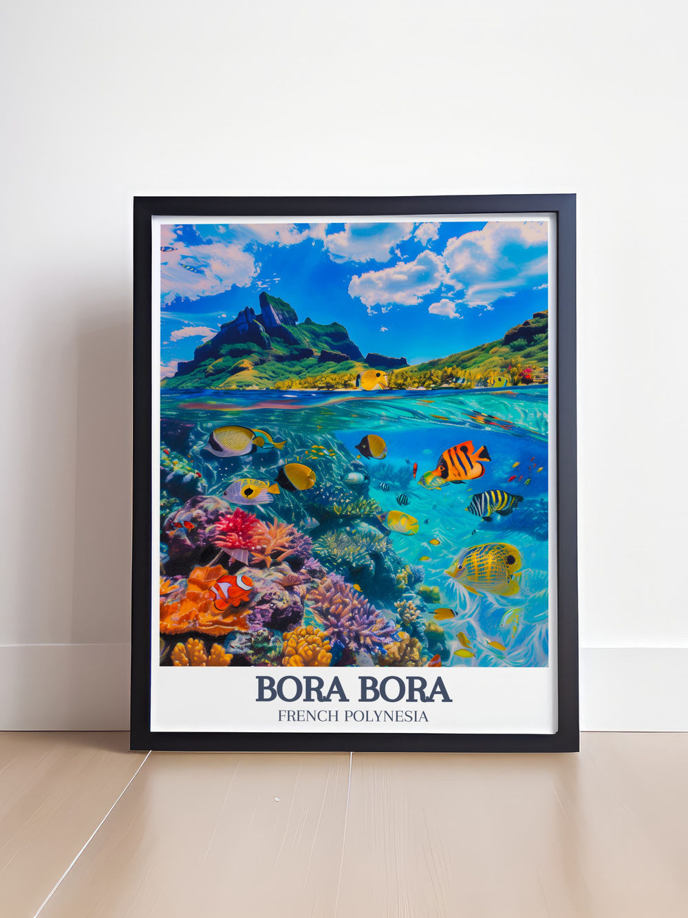 Retro travel poster of Bora Bora Lagoon Coral Gardens showcasing the enchanting beauty of French Polynesia this Bora Bora print highlights lush coral gardens and serene waters making it an excellent choice for travel lovers and those who appreciate breathtaking landscapes.