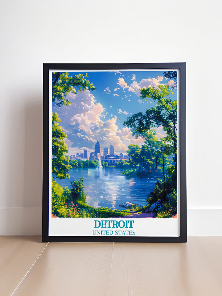 Framed art showcasing the serene views of Belle Isle Park in Detroit, capturing the natural splendor and urban significance of this iconic area.