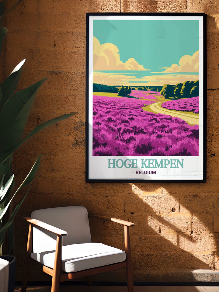 The rich landscapes of Hoge Kempen and the vibrant heather fields of Mechelse Heide are beautifully illustrated in this travel print, offering a stunning representation of Belgiums nature.