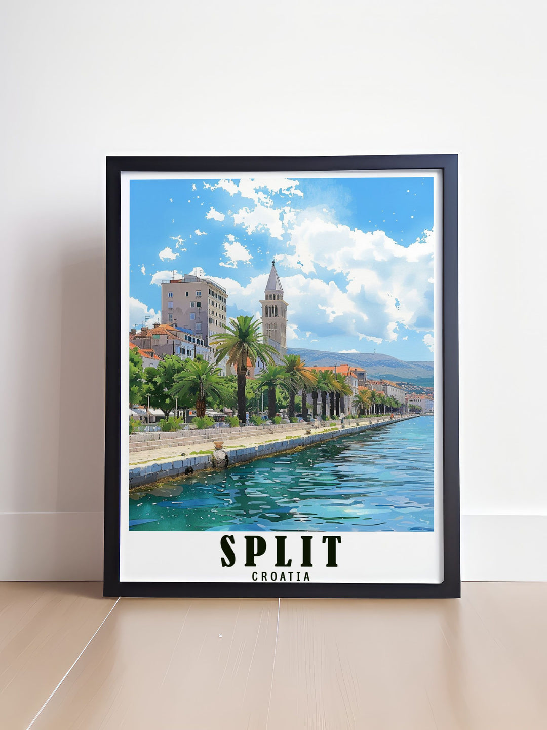 The vibrant promenade and historic significance of Split are depicted in this travel poster, showcasing the natural beauty and cultural richness that define Croatia.