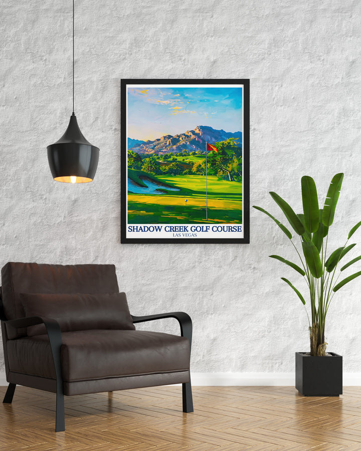 A vibrant travel poster of Shadow Creek Golf Course, set against the dramatic backdrop of the Nevada desert and Clark County. The detailed artwork captures the essence of this exclusive course, making it the perfect golf themed wall print for any interior space.